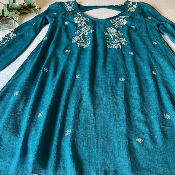 Women’s Embroidered Boho Mini Dress Teal Long Puff Sleeve - Picture 9 of 13